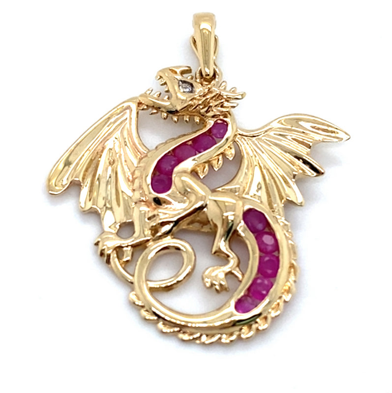 9CT YELLOW GOLD RUBIES & DIAMOND IN DRAGON ENHANCER PENDANT