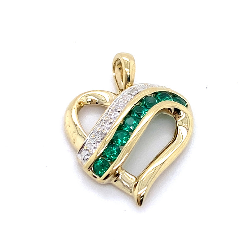 9CT YELLOW GOLD SYNTHETIC EMERALD & DIAMOND HEART SHAPE PENDANT