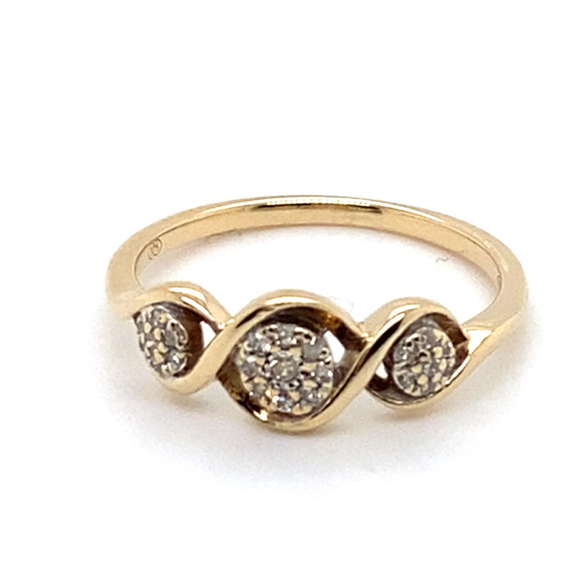 9CT YELLOW GOLD DIAMONDS SET IN THREE MINI CLUSTERS DRESS RING