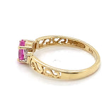 9CT YELLOW GOLD SYNTHETIC PINK SAPPHIRE & DIAMONDS IN FILIGREE SHOULDERS RING
