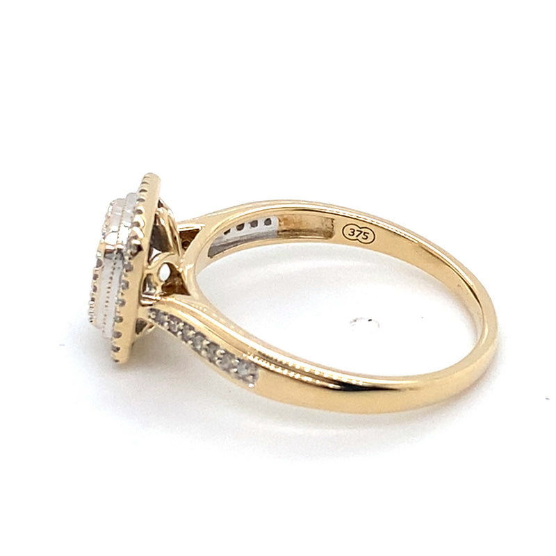 9CT YELLOW & WHITE GOLD DIAMONDS IN RAISED SETTING DRESS RING