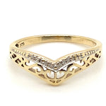 9CT YELLOW GOLD 2 DIAMONDS SET IN THE V SHAPE FILIGREE  RING