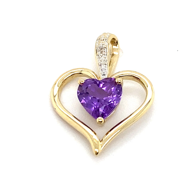 9CT YELLOW GOLD AMETHYST & DIAMOND SET IN HEART SHAPE PENDANT