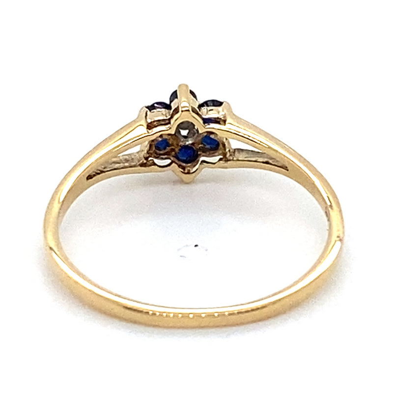 9CT YELLOW GOLD DIAMOND SURROUNDED BY SAPPHIRES IN CLUSTER SETTING DRESS RING