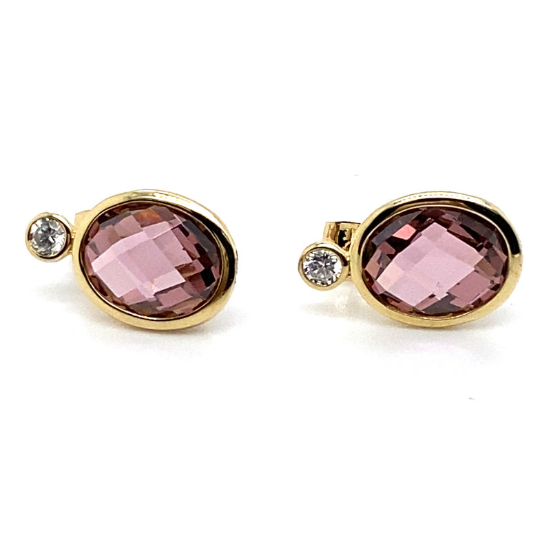 9CT YELLOW GOLD WHITE & PURPLE CUBIC ZIRCONIAS BEZEL SET IN STUD EARRINGS