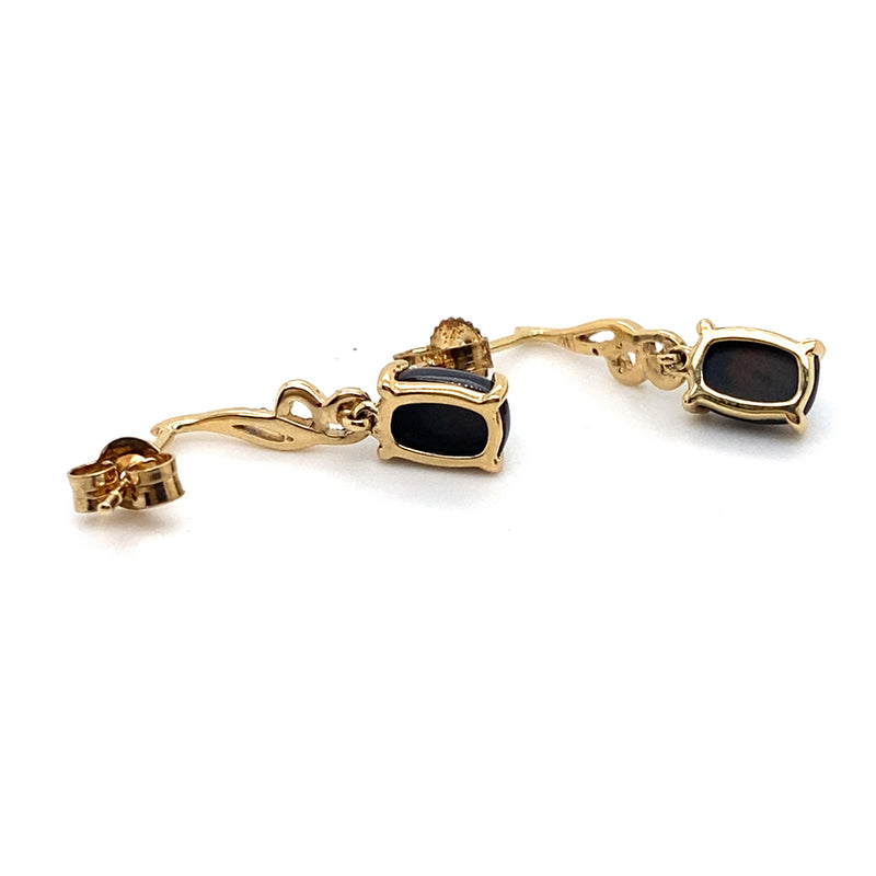 9CT YELLOW GOLD CABOCHON CUT ONYX & DIAMOND SET IN SWIRL DROP EARRINGS