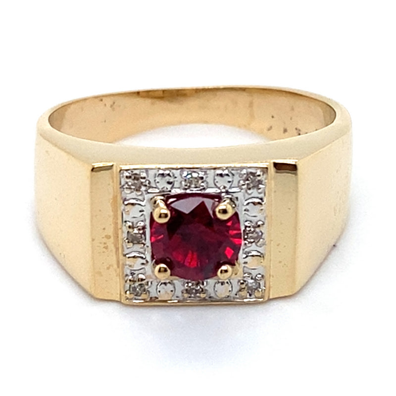 9CT YELLOW GOLD SYNTHETIC RUBY SURROUNDED BY DIAMONDS DRESS RING