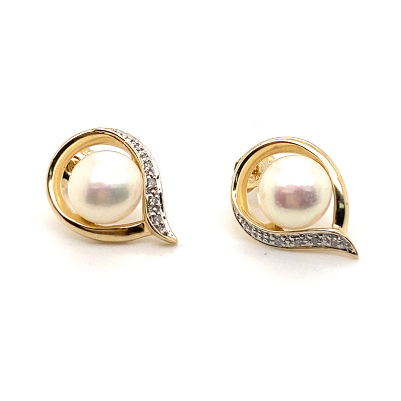 9CT YELLOW GOLD FRESHWATER CULTURED PEARL & DIAMOND STUD EARRINGS