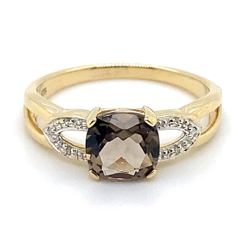 9CT YELLOW GOLD SMOKEY QUARTZ & DIAMOND DRESS RING