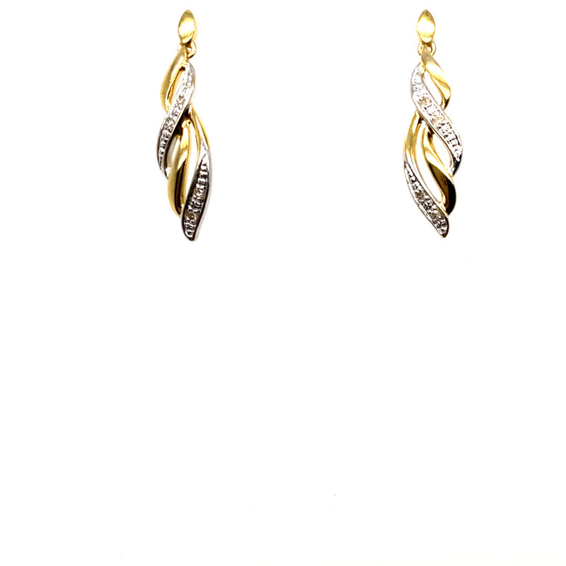 9CT YELLOW GOLD DIAMONDS SET IN CROSS LEAF DROP STYLE EARRINGS
