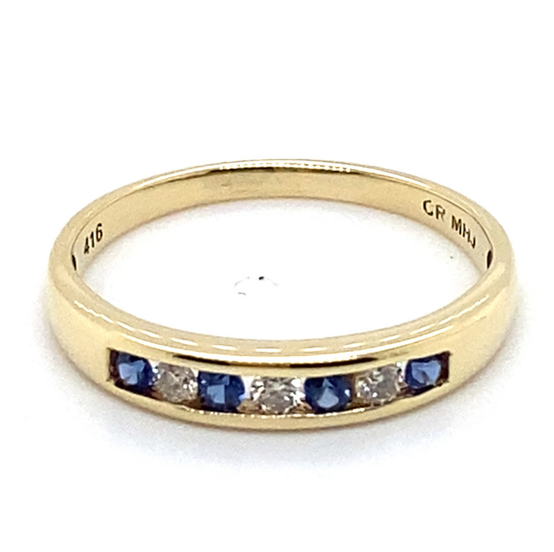 10CT YELLOW GOLD CHANNEL SET SYNTHETIC SAPPHIRE & DIAMOND RING