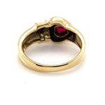 9CT YELLOW GOLD HEART SHAPE SYNTHETIC RUBY AND DIAMOND DRESS RING TW 3.4g