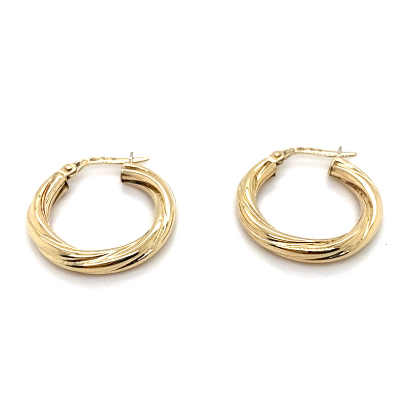 9CT YELLOW GOLD SMALL ROUND HOOP TWIST PATTERN EARRINGS TW 1.5g