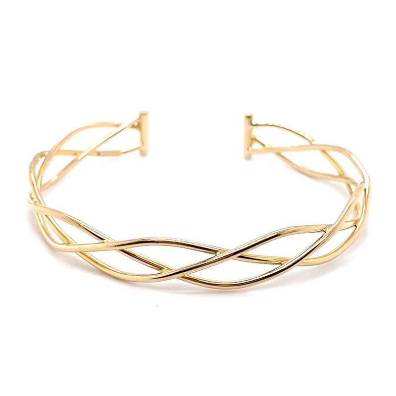9CT YELLOW GOLD CROSS OVER PATTERN CUFF STYLE BANGLE TW 6.2g