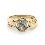9CT YELLOW GOLD DIAMONDS SET IN CLUSTER SETING WITH FILIGREE SHOULDERS RING