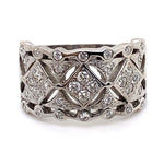 18CT WHITE GOLD FILIGREE THICKENED TOP DIAMOND DRESS RING VALUED @ $6599