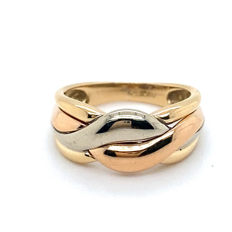 9CT YELLOW, WHITE, ROSE GOLD CROSS OVER PATTERN DRESS RING