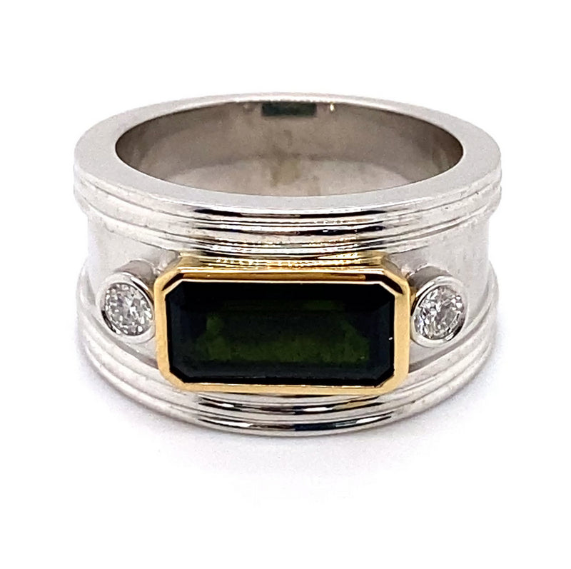 18CT WHITE GOLD RAIL EDGE TOURMALINE & DIAMOND DRESS RING VALUED @ $10799