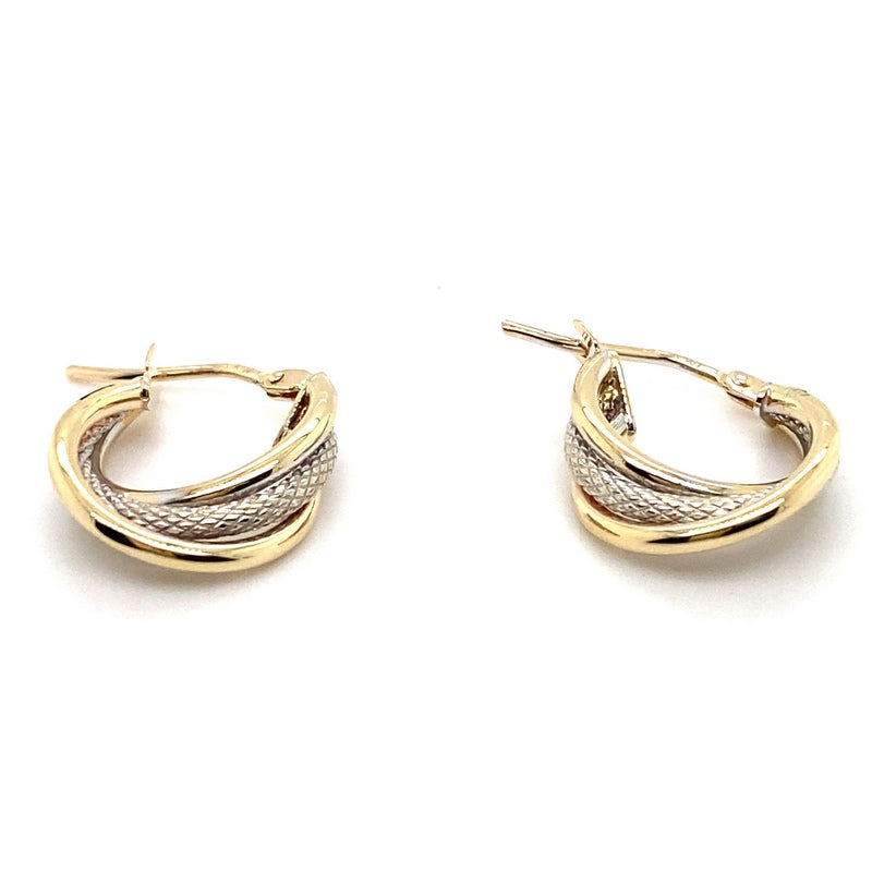 9CT YELLOW & WHITE GOLD THREE HOOP TWIST EARRINGS TW 0.9g