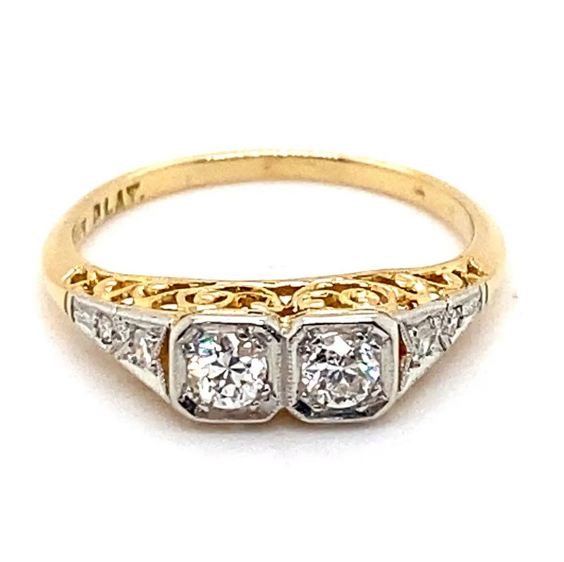 18CT YELLOW GOLD & PLATINUM ANTIQUE FILIGREE DIAMOND DRESS RING VALUED @ $2399