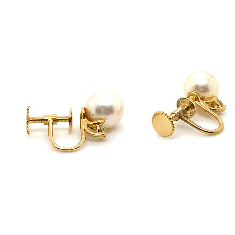 18CT YELLOW GOLD CULTURED AKOYA PEARL & DIAMOND EARRINGS VALUED @ $2799