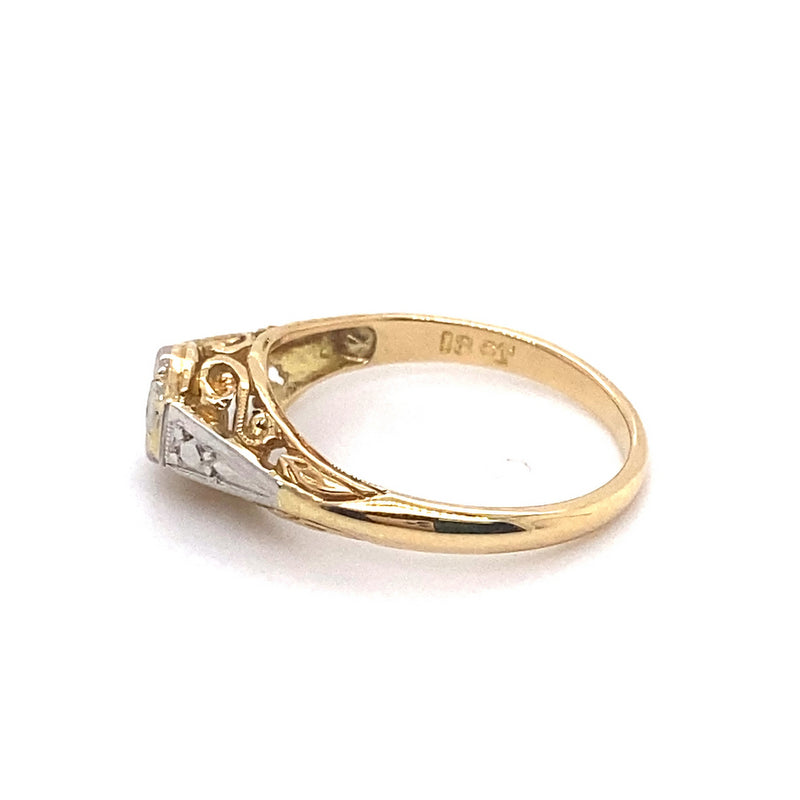 18CT YELLOW GOLD & PLATINUM SCROLL FILIGREE DIAMOND  DRESS RING VALUED @ $1699