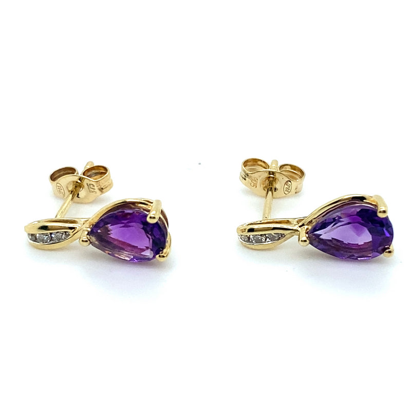 9CT YELLOW GOLD AMETHYST & DIAMOND SET IN DROP STYLE EARRING