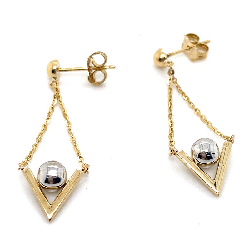 9CT YELLOW & WHITE GOLD V SHAPE WITH BALL ON DROP CHAIN STUD EARRINGS