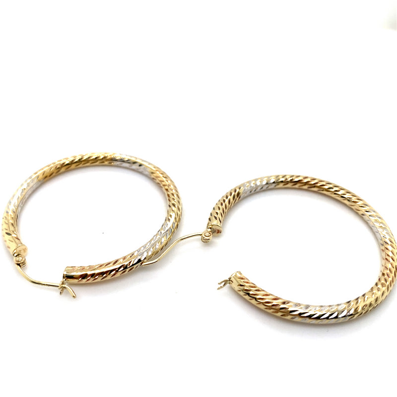 9CT YELLOW & WHITE GOLD ROUND PATTERNED HOOP EARRINGS TW 2.1g