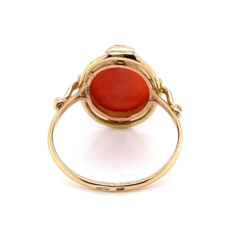 9CT ROSE GOLD CARVED PINK CORAL CAMEO RING VALUED @ $1499