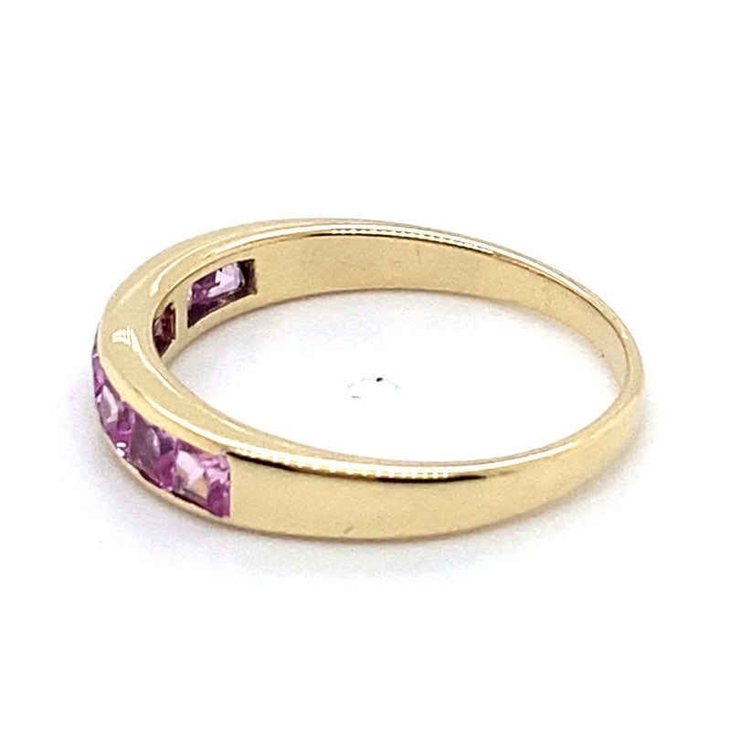 9CT YELLOW GOLD CHANNEL SET SYNTHETIC PINK SAPPHIRES DRESS RING