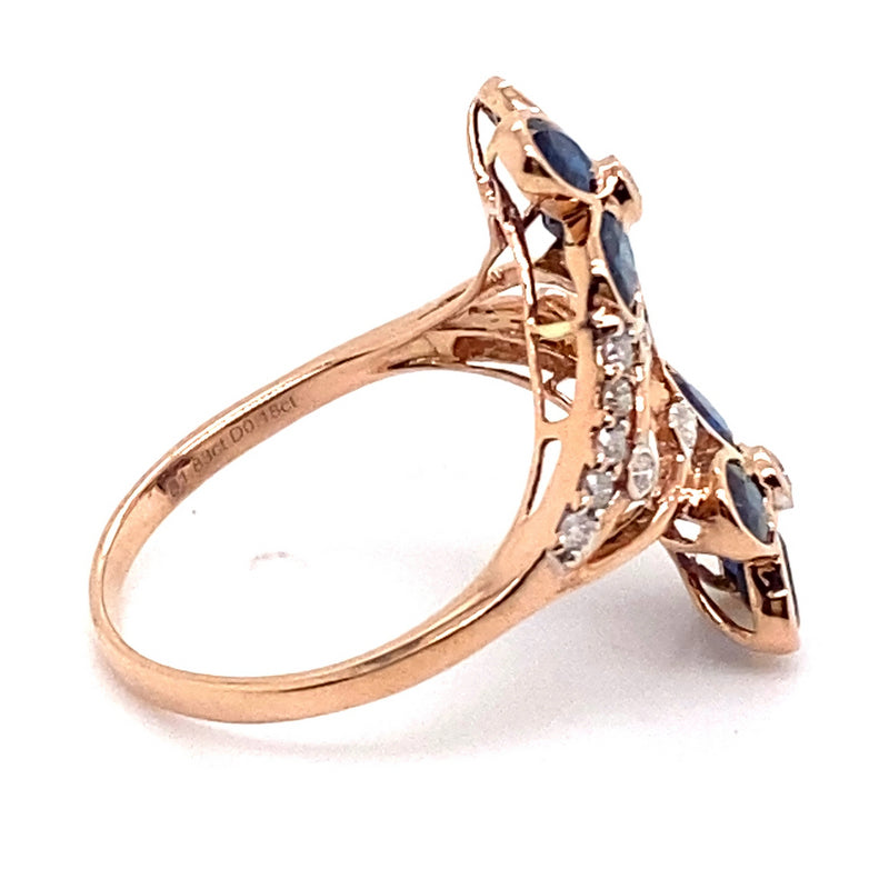 14CT ROSE GOLD SPLIT SHOULDER SAPPHIRE & DIAMOND DRESS RING VALUED @ $3299