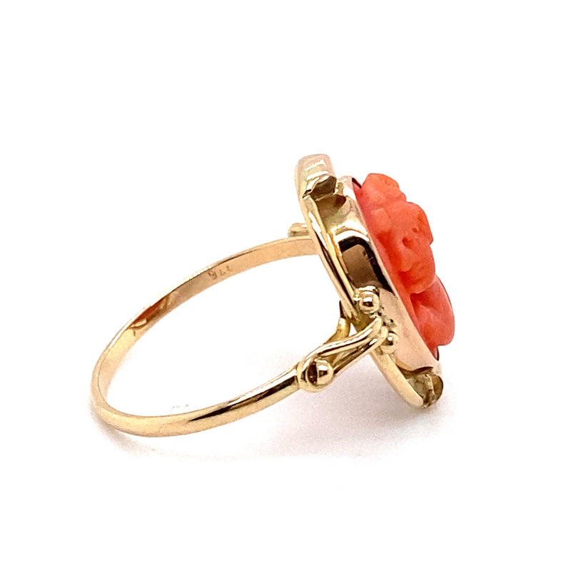 9CT ROSE GOLD CARVED PINK CORAL CAMEO RING VALUED @ $1499