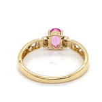 9CT YELLOW GOLD SYNTHETIC PINK SAPPHIRE & DIAMONDS IN FILIGREE SHOULDERS RING
