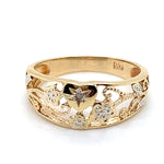 9CT YELLOW GOLD DIAMOND SET IN HEART WITH FLOWER SCROLL SHOULDERS RING