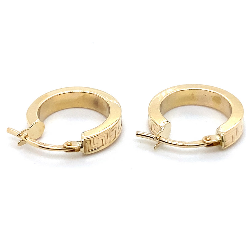 9CT YELLOW GOLD ROUND HOOP EARRINGS WITH GREEK KEY DESIGN
