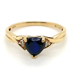 9CT YELLOW GOLD HEART CUT SYNTHETIC SAPPHIRE & DIAMOND DRESS RING