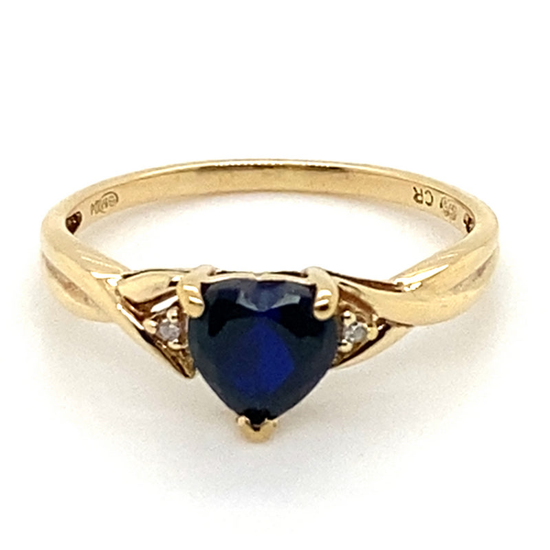 9CT YELLOW GOLD HEART CUT SYNTHETIC SAPPHIRE & DIAMOND DRESS RING