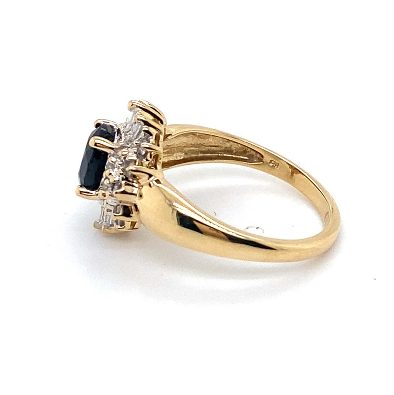 9CT YELLOW GOLD BLUE/BLACK SAPPHIRE SURROUNDED BY DIAMONDS DRESS RING