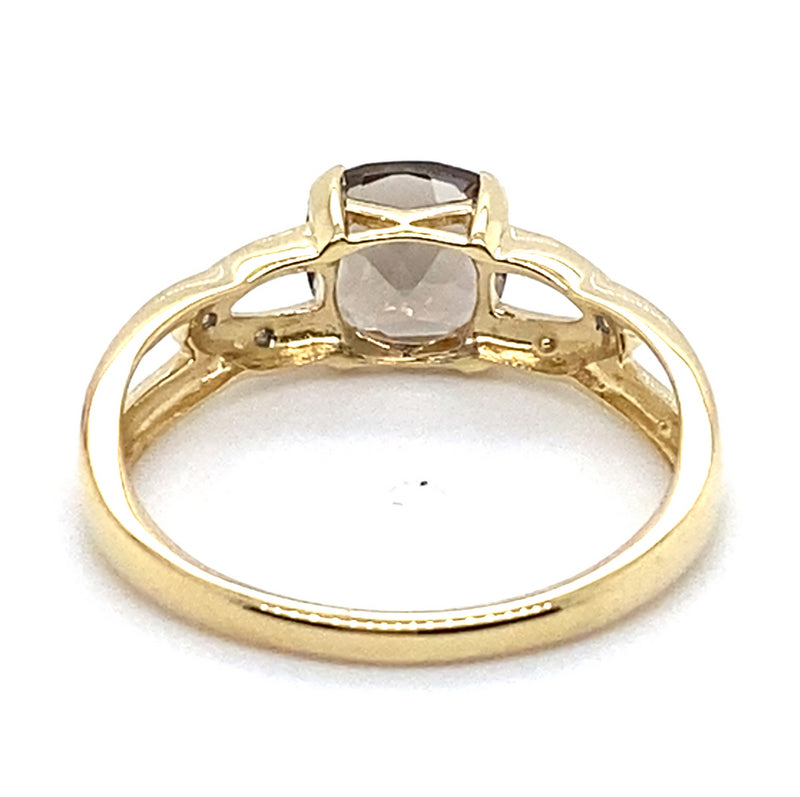 9CT YELLOW GOLD SMOKEY QUARTZ & DIAMOND DRESS RING