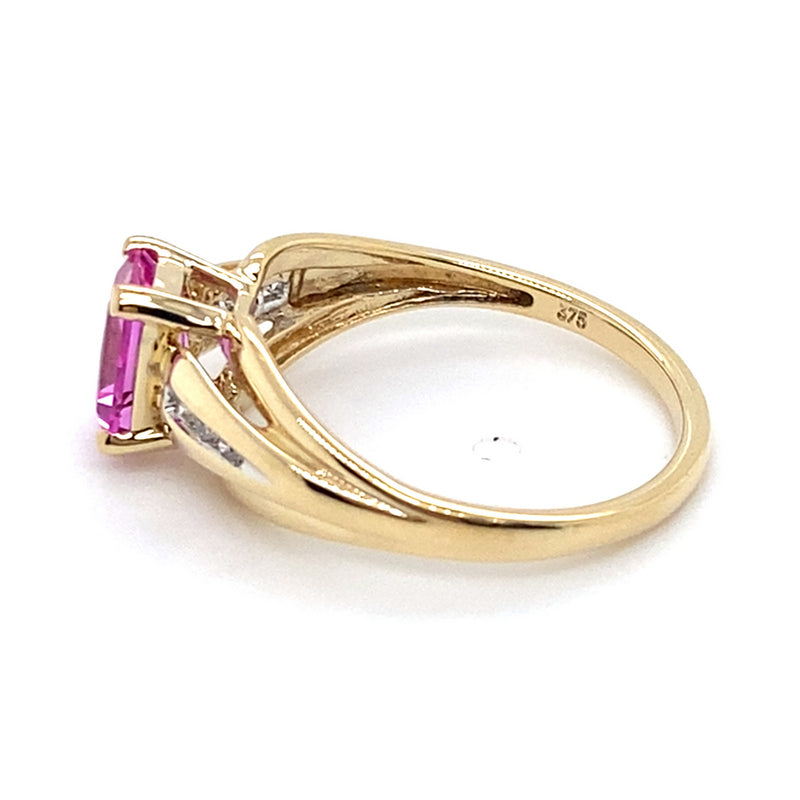 9CT YELLOW GOLD SYNTHETIC PINK SAPPHIRE & DIAMOND DRESS RING