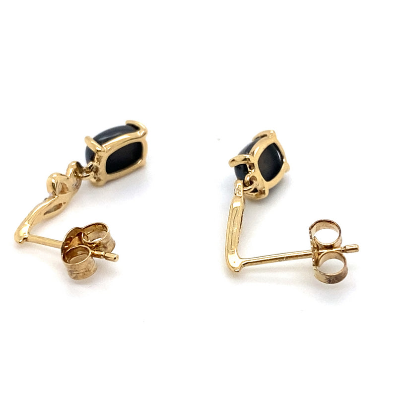 9CT YELLOW GOLD CABOCHON CUT ONYX & DIAMOND SET IN SWIRL DROP EARRINGS