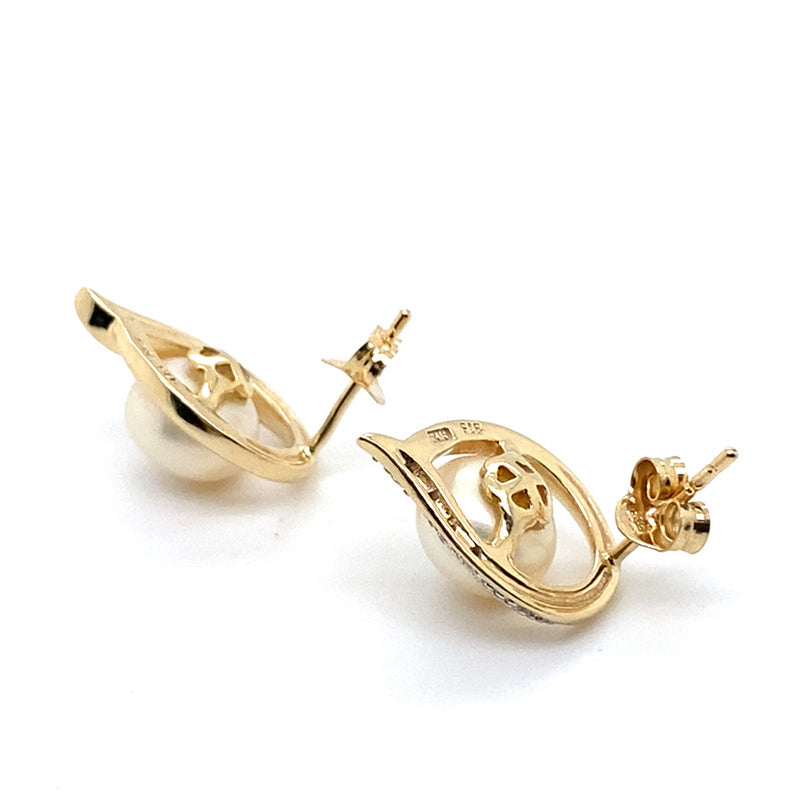 9CT YELLOW GOLD FRESHWATER CULTURED PEARL & DIAMOND STUD EARRINGS