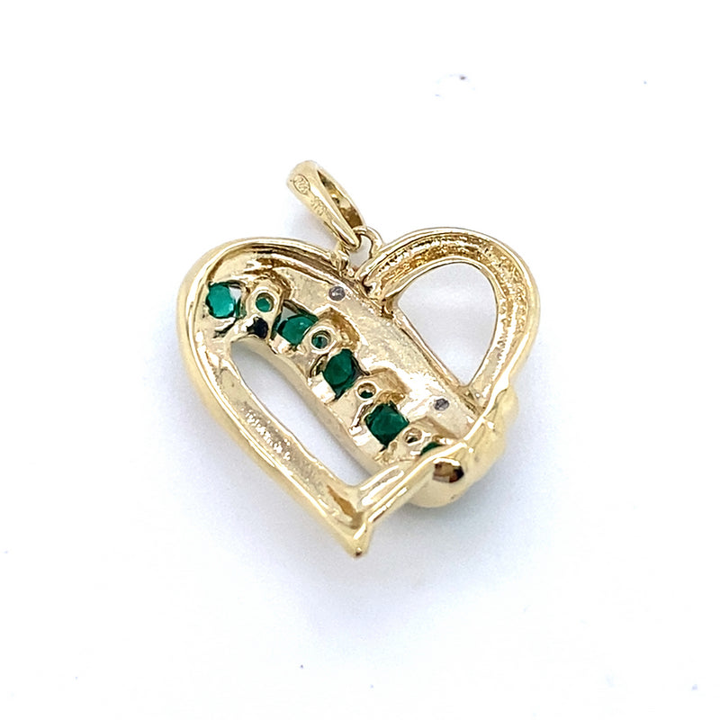 9CT YELLOW GOLD SYNTHETIC EMERALD & DIAMOND HEART SHAPE PENDANT