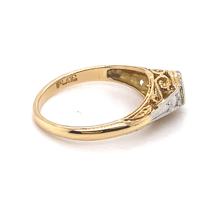 18CT YELLOW GOLD & PLATINUM SCROLL FILIGREE DIAMOND  DRESS RING VALUED @ $1699