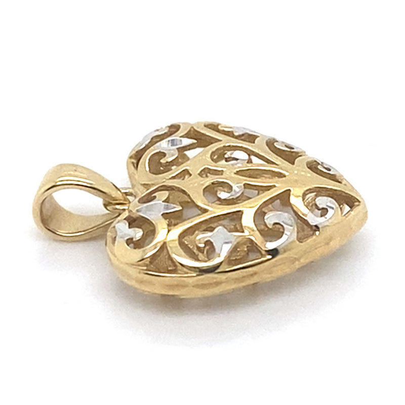 9CT YELLOW & WHITE GOLD FILIGREE HEART PENDANT