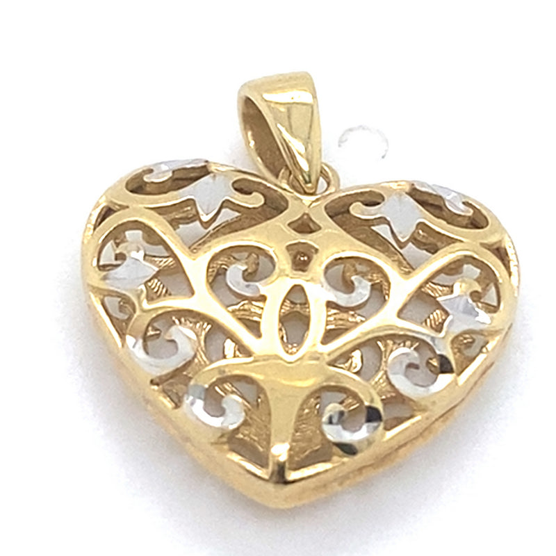 9CT YELLOW & WHITE GOLD FILIGREE HEART PENDANT