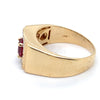 9CT YELLOW GOLD SYNTHETIC RUBY SURROUNDED BY DIAMONDS DRESS RING