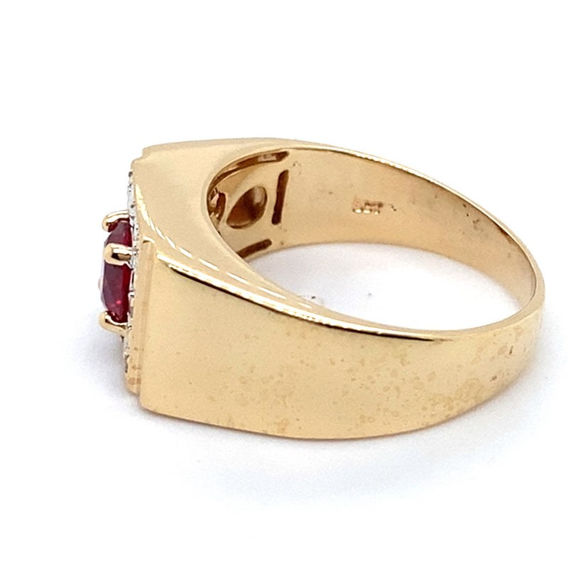 9CT YELLOW GOLD SYNTHETIC RUBY SURROUNDED BY DIAMONDS DRESS RING