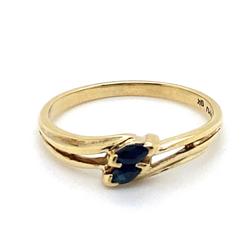 9CT YELLOW GOLD 2 MARQUISE CUT SAPPHIRES IN SPLIT SHOULDER DRESS RING